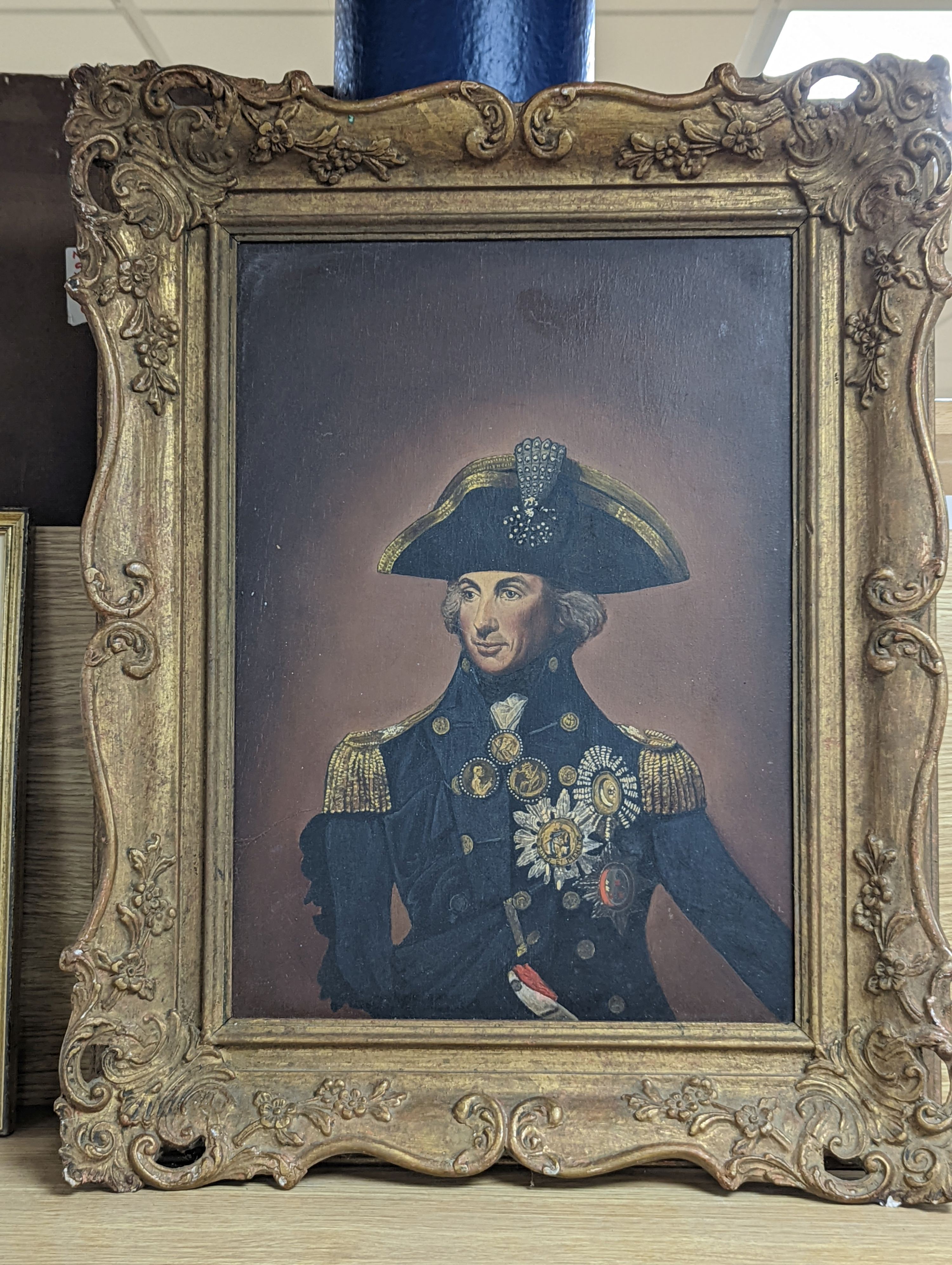 English School, oil on board, Portrait of Admiral Lord Nelson, 41 x 29cm